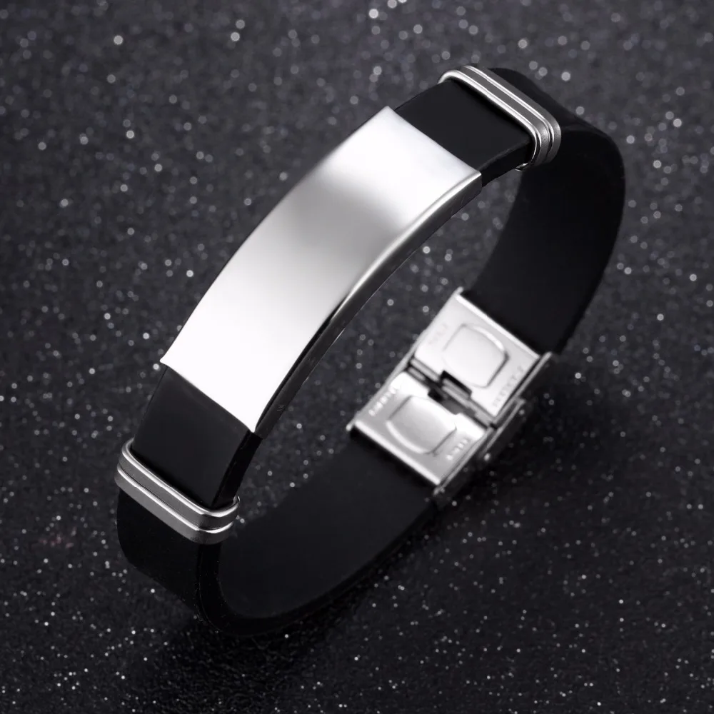 Black Silicone Cross Wristband Bracelet Stainless Steel Rubber Bangle