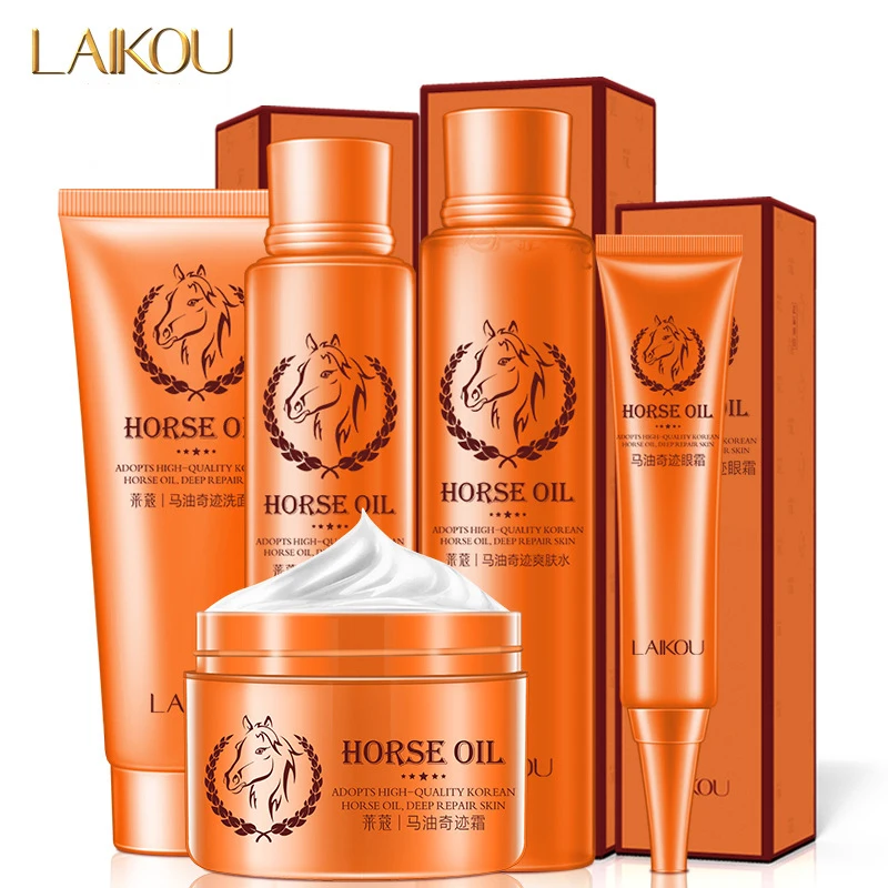 LAIKOU Horse Oil Skin Care 5 in 1 Kit Facial & Eye Care Facial Cleansing Lotion Toner Whiten Skin Moisturizing Deep Repair