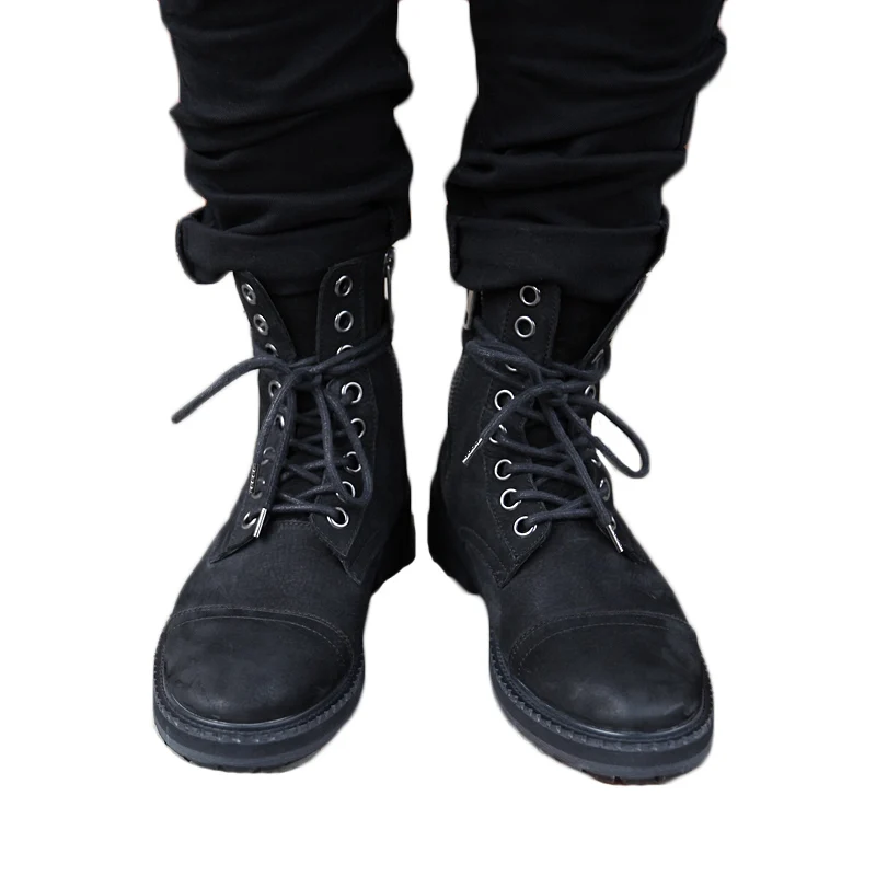

Dark Black Men's Casual Boots Metal Double Zipper Martin Shoes High Top Retro Vintage Scrubs Wrinkled Leather Shoes