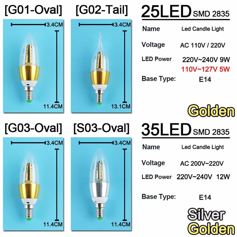 6pcs Golden Silver 5w 9w 12w E14 LED Candle Light LED Bulb 110V 220V Led Lamp E14 Cool Warm White Lampara Spotlights Ampolletas 6pcs Golden Silver 5w 9w 12w E14 LED Candle Light LED Bulb 110V 220V Led Lamp E14 Cool Warm White Lampara Spotlights Ampolletas