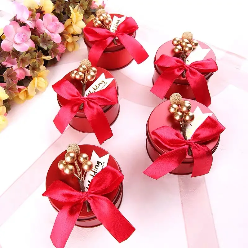 Роскошная золотая круглая форма жестяная коробка конфет на свадьбу с ягодный цветок лента Металл маленькие вечерние сувениры Подарочные коробки шоколада