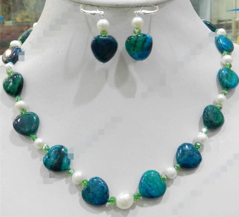 

ddh001106 15MM HEART AZURITE GEMS PHOENIX & TRUE WHITE CULTURED PEARL NECKLACE EARRING SET (A0423)