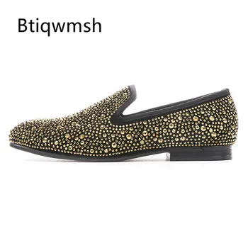 

2019 Rhinestone Shoes Men Point Toe Gold Blue Crystal Embellished Flat Shoes Man Dress Party Shoes
