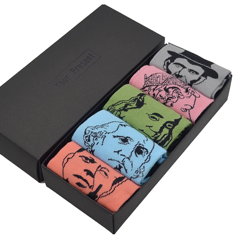 

5 Pair/set Famous Celebrity Painting Kenya/Lincoln/Elizabeth/Washington/Wales Art Harajuku Funny Men Long Socks with Gift Box
