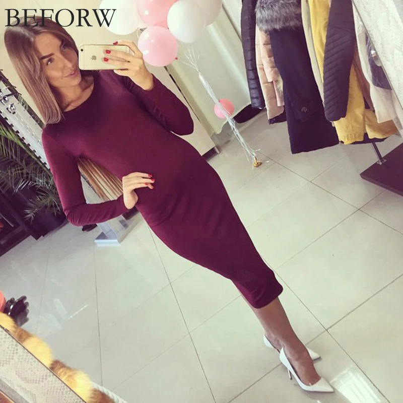 BEFORW Winter Autumn Dress Plus Size Cotton Long Sleeve Knee Length Dresses Fashion Gray Wine Red Vintage Bandage Maxi Dress