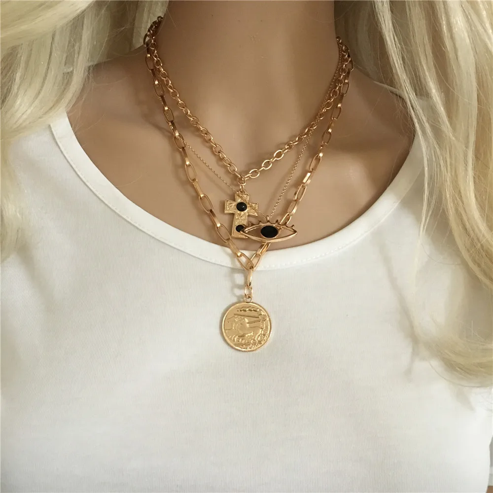 

Gold color engraved Cross Black Eye with Coin Layered Necklace For Women