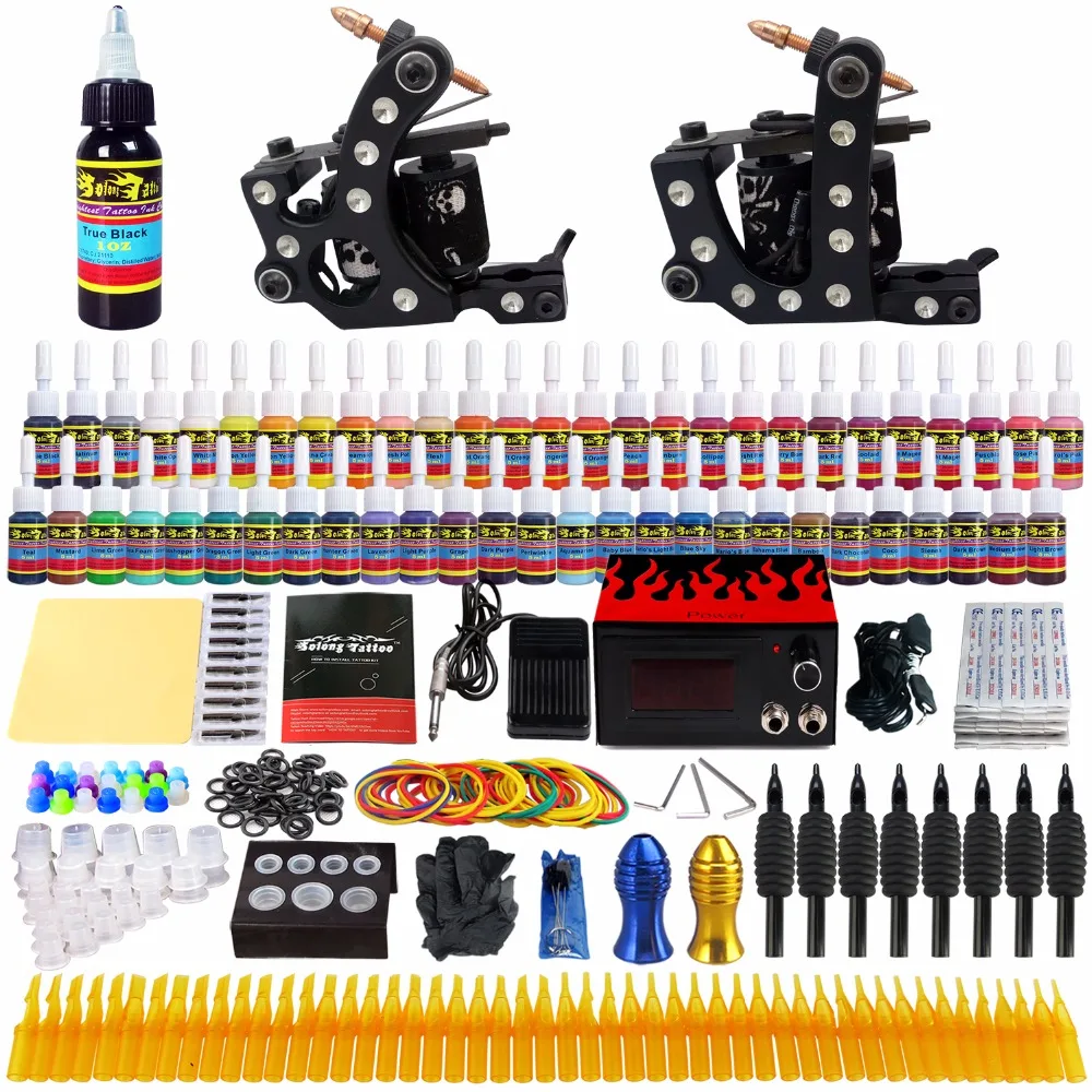 

Solong-Stigma Tattoo Starter Complete Tattoo Kit 2 Machine Guns Complete Set Power Box 54 Colors Inks Needles Grips Tips TK256