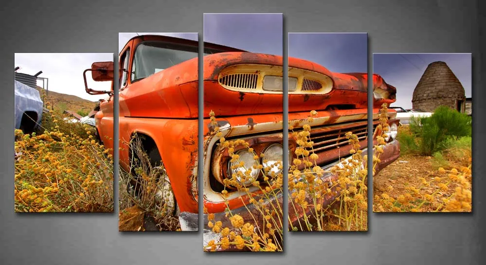 

5 Pics Framed Wall Art Picture Old Car Field Canvas Print Artwork Architecture Modern Poster With Wooden Frame For Decor