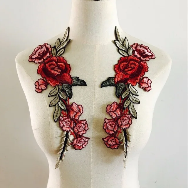 1 пара Красная роза цветок цветочный воротник пришить патч Милая Аппликация значок вышитая ткань наклейка одежда бюст платье DIY орнамент