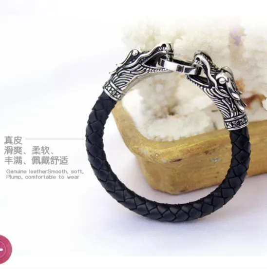 Leather Men Bracelet Tibetan Silver Titanium dragon bracelet leather bracelet