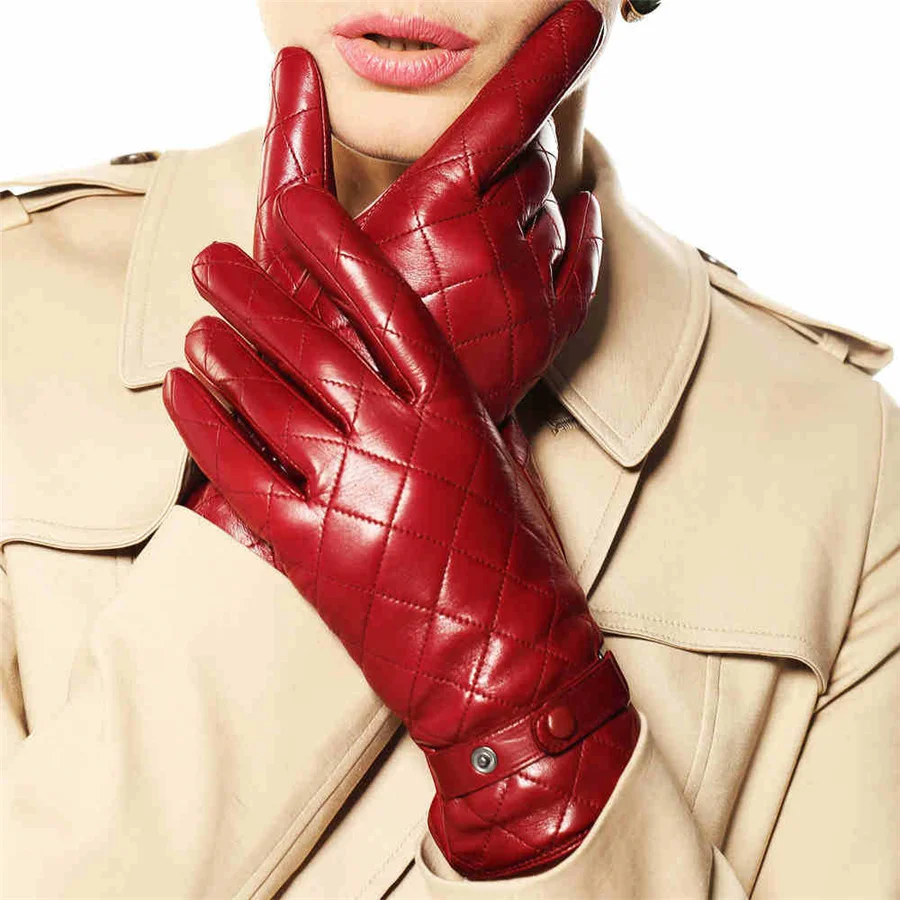 Women Genuine Leather Gloves For Women Winter Plus Velvet Diamond