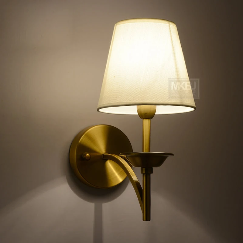 

American brief loft golden copper color iron lampshape wall lamp fabric Chinese bedroom bedside E14 bulb wall sconce light