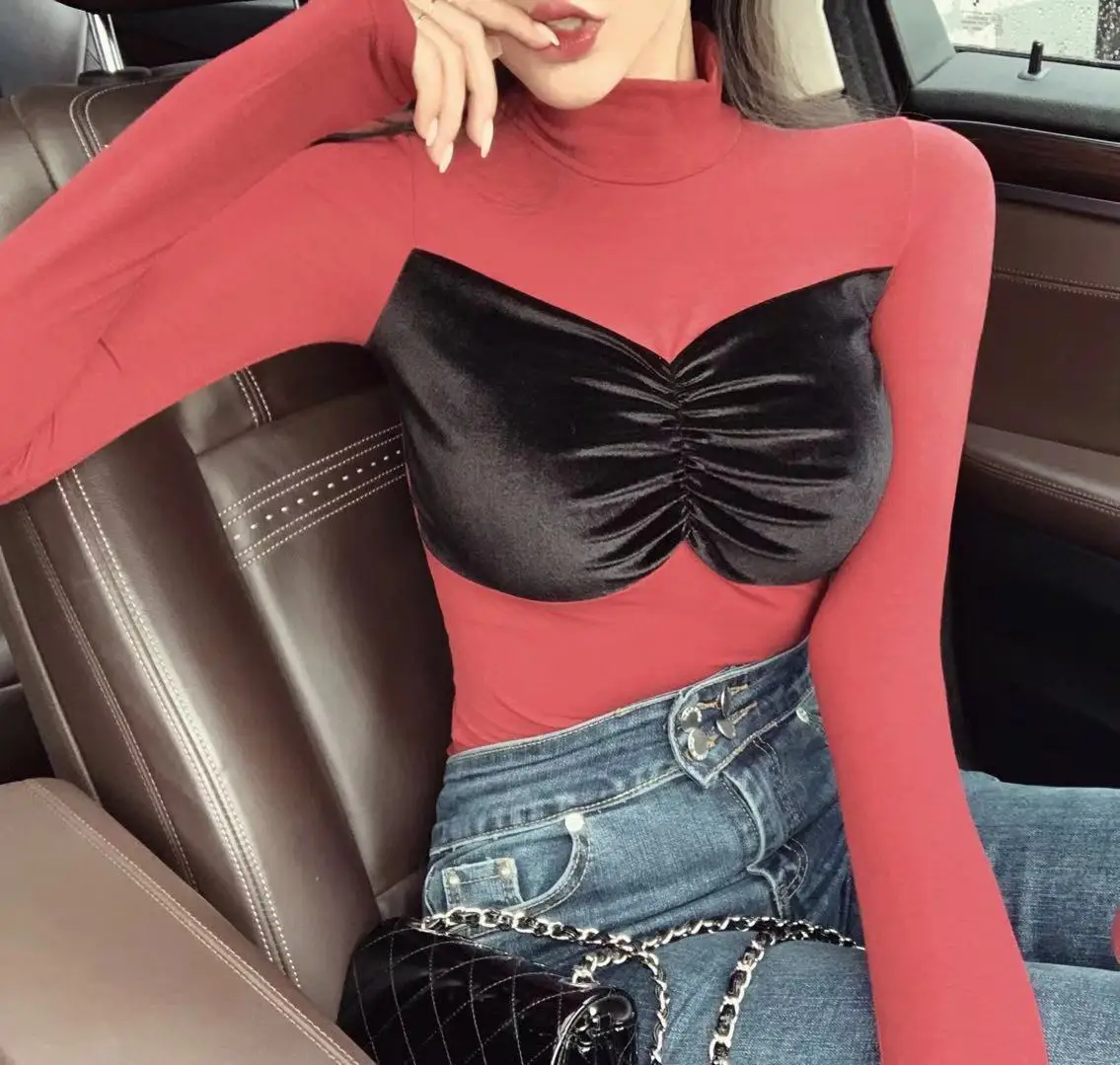 Korean Limited Cotton Unicorn 2018 New High Collar Sleeve Bottoming Shirt Female Personality Stitching Sexy T-shirt Woman Women