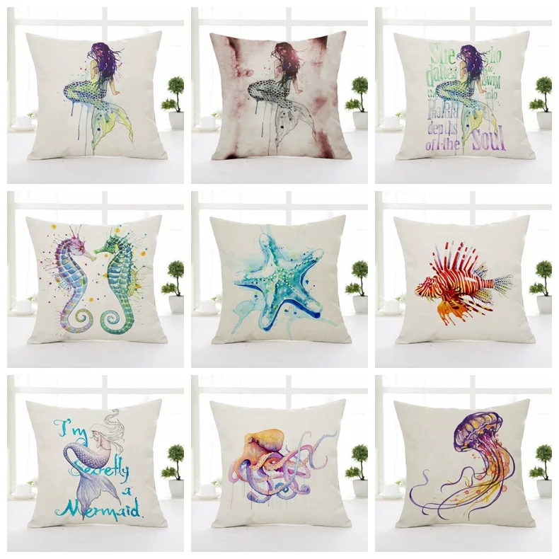 

Mermaid Sea Horse Cushion Cover Watercolor Starfish Octopus Pillow Case Pillow Covers Thin Linen Cotton Bedroom Sofa Decoration