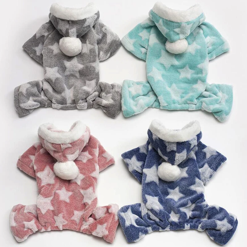 

Pet Puppy Dog Cat Star Bear Hoodie Winter Warm Clothes Jumpsuit Coat Coral Velvet Four-legs Red Blue Green Gray 4 Colors Y333