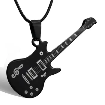

Fashion Cool Punk Black 316L Stainless Steel Guitar Pendant & Necklaces Leather Chain Men Women Costume Jewelry Free Shipping