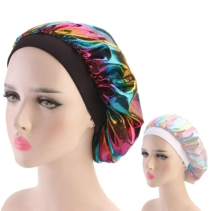 Donne Colorate Laser Di Seta Du-Rag Accessori Onda Caps Stracci Di Larghezza Di Banda Di Copertura Dei Capelli Salone Di Cofano Del Cappello Turbante 