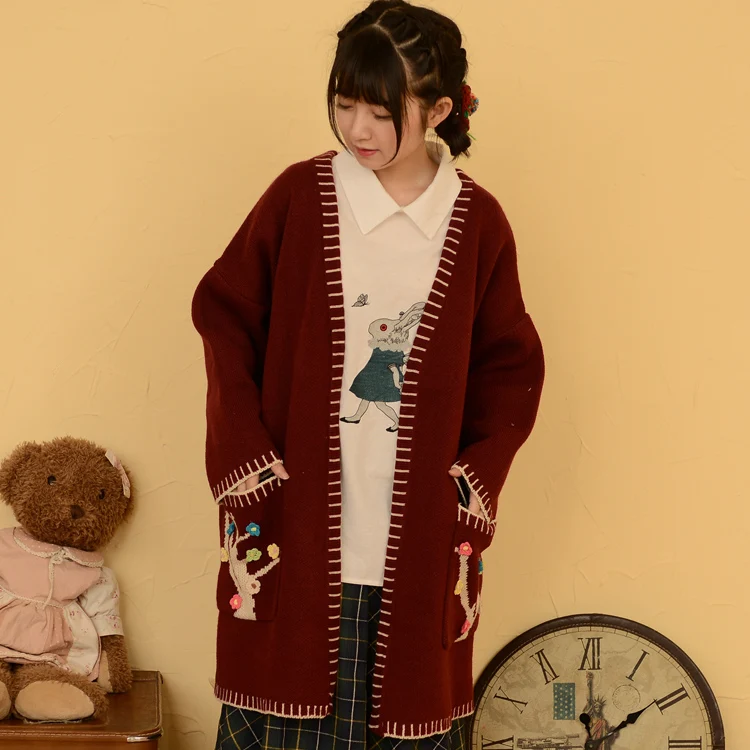 Long Sleeve V neck Pockets long loose design Hook Flower knitted Cardigans sweaters Japanese Mori Girl tops