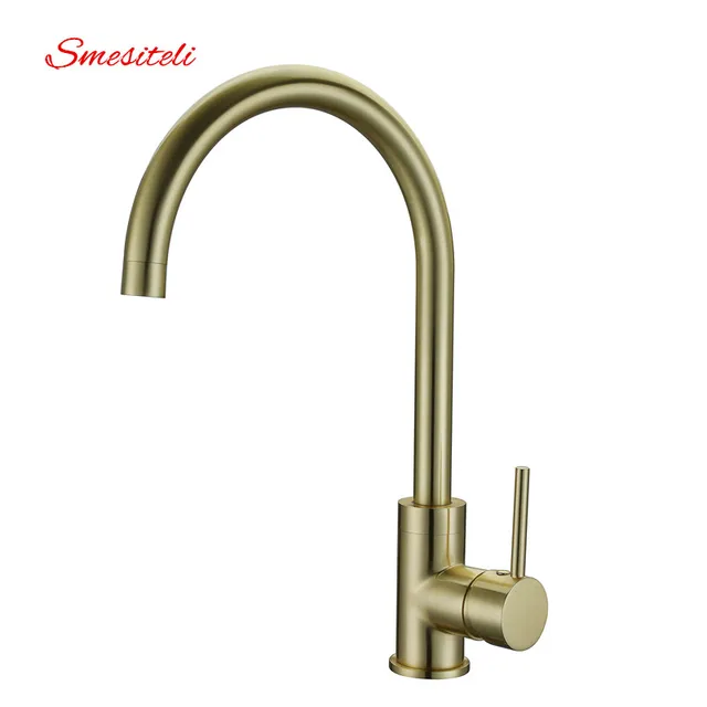 Best Offers Smesiteli High Quality Brass Classic Gooseneck Single Lever 1-Hole Kitchen Sink Faucet Mixer Tap Brushed Gold Finish