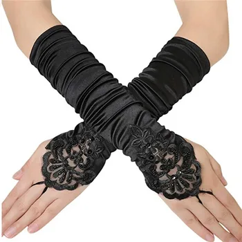 

Eldiven Long Black Red White Satin Gloves Fingerless Gloves Luxury Lace Beading Elegant Ladies Prom Party Gloves Formal Gloves