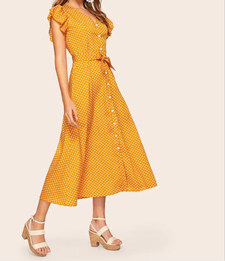Желтый платье женское сарафан летний в горошек короткий рукав женская модная одежда