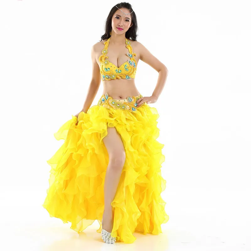 

3-Piece Set Luxury Handmade Beaded Belly Dance Costume Set Women Belly Dancing Clothes Bra Belt Skirt Yellow White Free Shipping