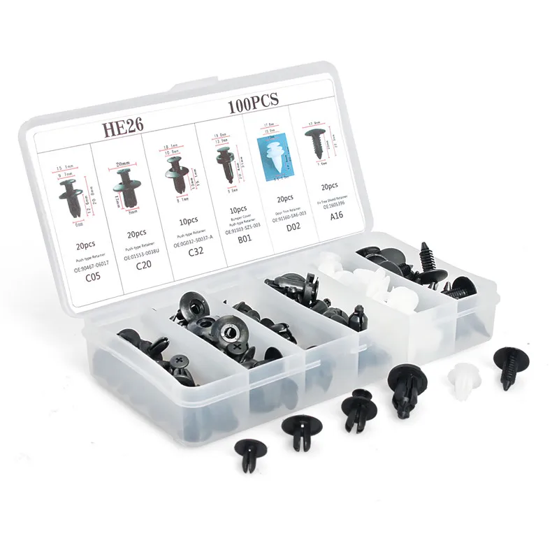 

Airkoul 100pc Clip Trim Car Push Pin Clips Rivet Bumper Door Panel Plastic Rivets Front Dumper Retainer Assortment 6 Size