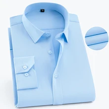 Синяя саржа, однотонная, без кармана, с длинным рукавом, с отложным воротником, формальные мужские деловые рубашки, высокое качество, популярная классическая мужская Рабочая Рубашка