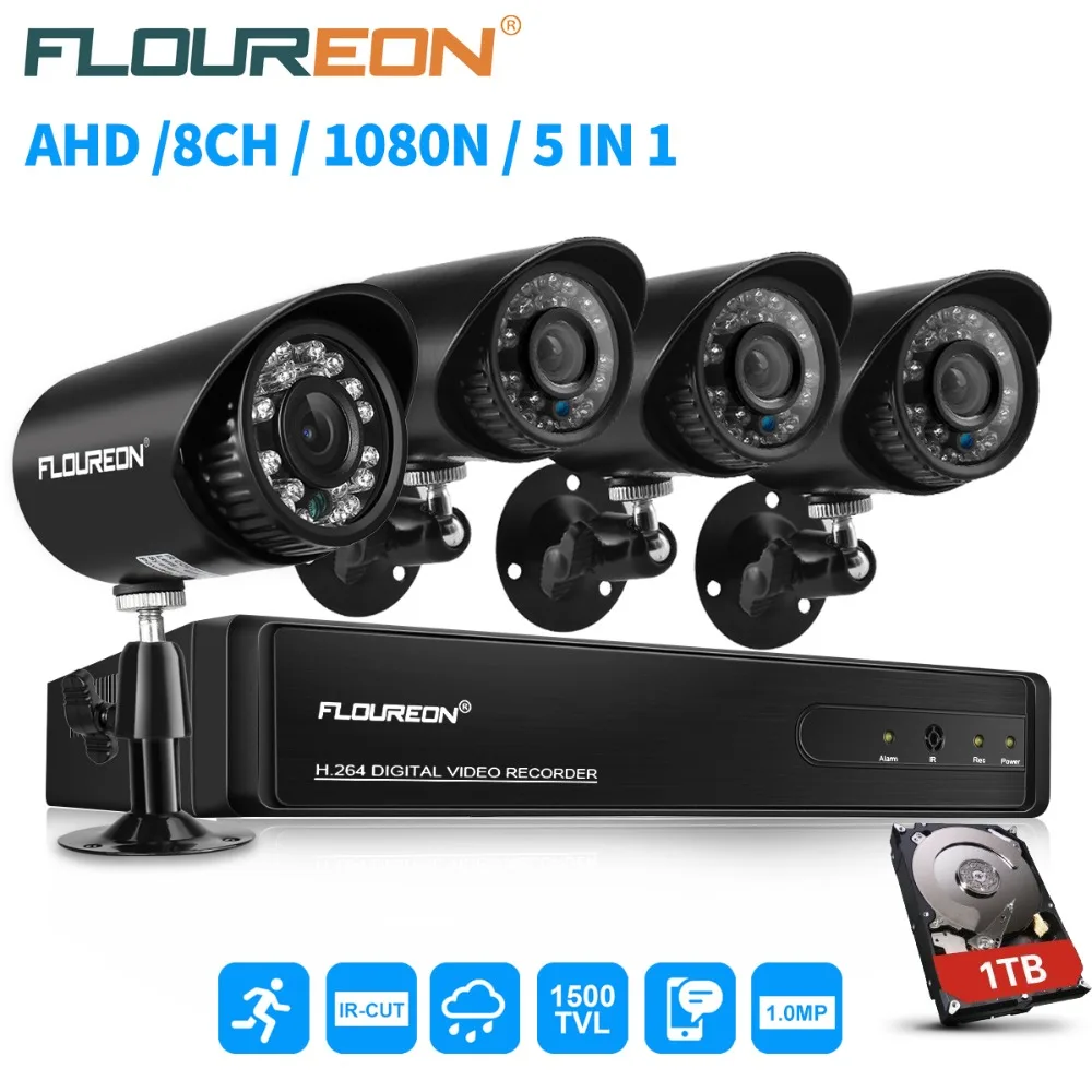 

FLOUREON 8CH 1080N 5 IN 1 HDMI CCTV AHD TVI DVR 4pcs 1500TVL outdoor IR-Cut Bullet Security Cameras Security Surveillance set