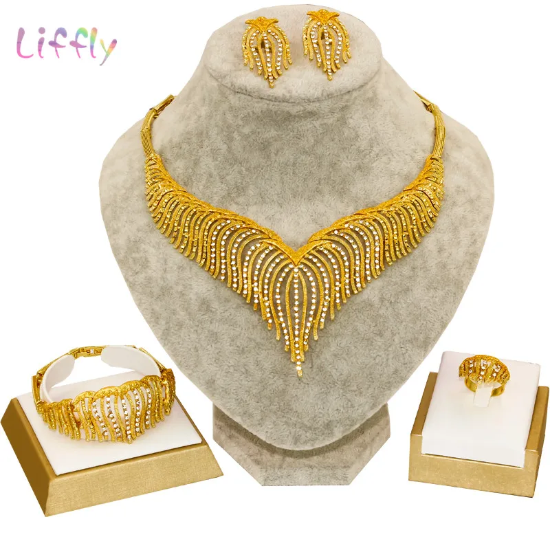 

Liffly Fashion Jewelry Sets Womens Accessories African Gold Costume Bridal Dubai Gold Jewelry Sets for Women Wedding Gifts