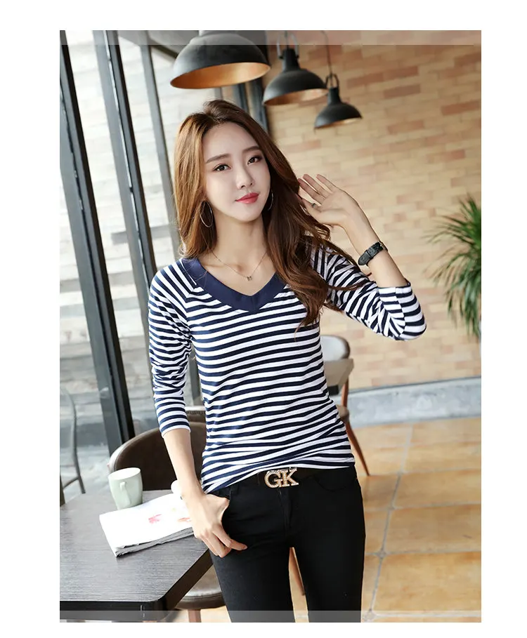 2019 Fashion Green Striped Tops Tees Women Casual Plus Size T-shirt V-neck Long Sleeve Raya Camisetas Mujer Autumn Tshirt Women (8)