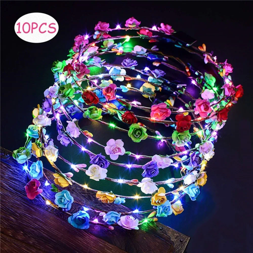 

10pcs Glowing Garland Wedding Party Crown Flower Headband LED Light Christmas Wreath Decoration Luminous Hair Garland Hairband