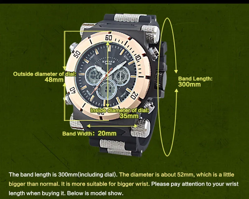 EPOZZ супер тяжелые 197 г аналоговые цифровые часы с двойным отображением времени мужские роскошные Брендовые Часы с резиновым ремешком Relogio masculino