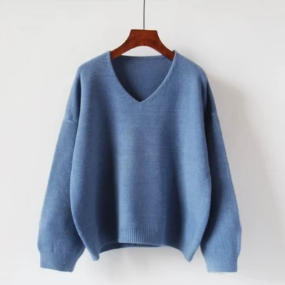 Winter Autumn Loose Pullovers Sweaters Woman Long Sleeve V Neck Solid Soft Warm Thick Bat Sleeved Sweater Oversize - Цвет: Синий
