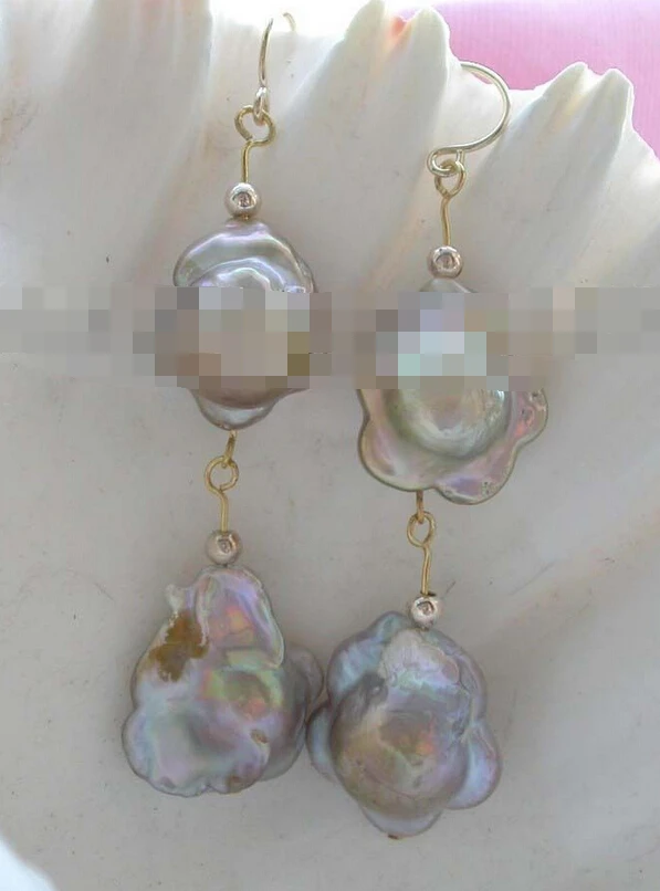 

ry00708 Genuine Natural 16mm Purple reborn keshi Flower Pearl Earrings Dangle 14k