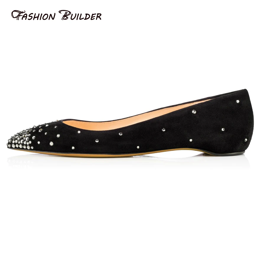 

2016 Fashion Rhinestone Pointed Toe Flat Shoes Women Comfortable Black Slip On Flattie Costomize Large Size EU 35-45 Hot Sale