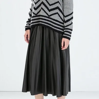 Женщин весной британский стиль свободного покроя черная кожаная юбка складки размер XXS-XL