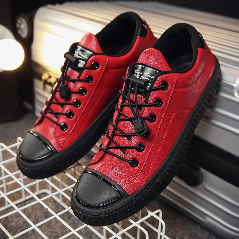 

QWEDF Fashion Men Casual Shoes PU Leather Sneakers Men Flats Vulcanized Shoes Outdoor Comfortable and breathable Black HX-85
