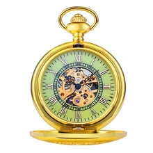 Classic Golden Mechanical Pocket Watch Rome Carved Hollow luminous Watch Men Women Necklace Pendant with Chain Gifts