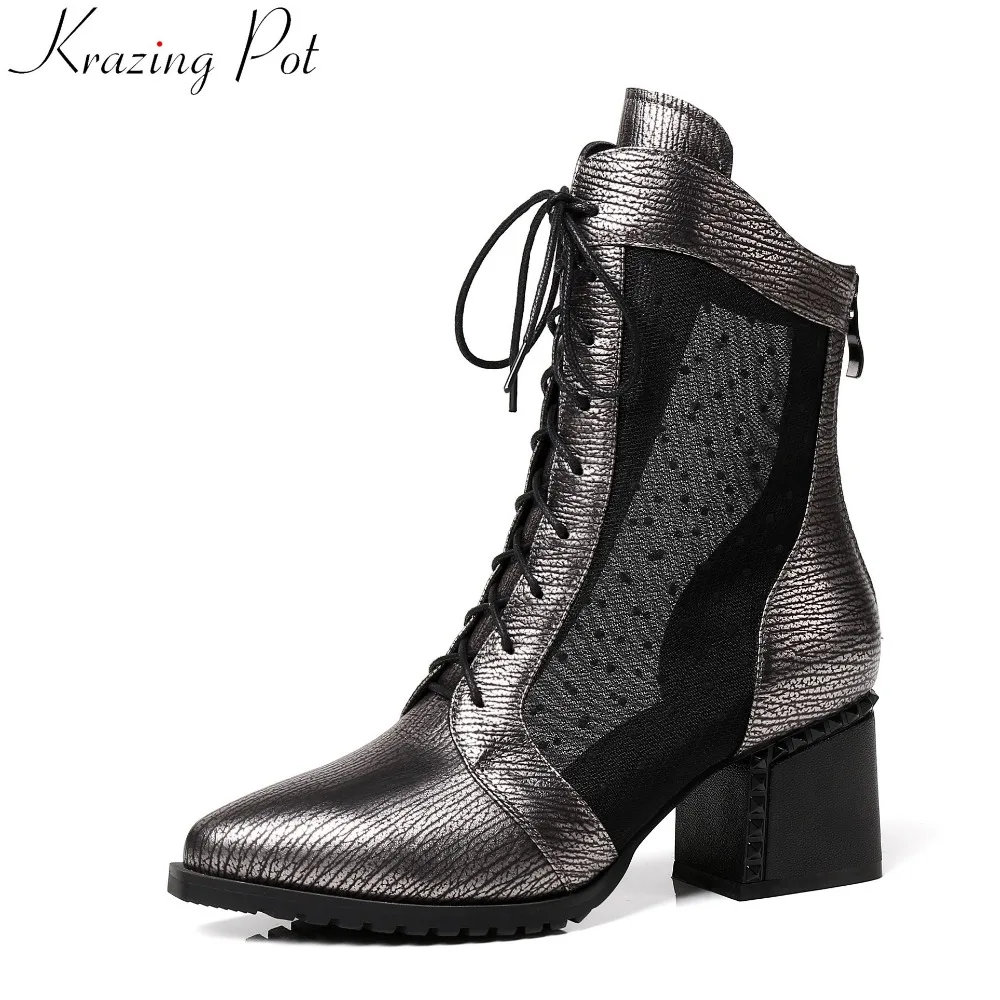 

Krazing Pot zipper cow leather mesh rivets cross-tied lace up british style high heels pointed toe summer women ankle boots L36