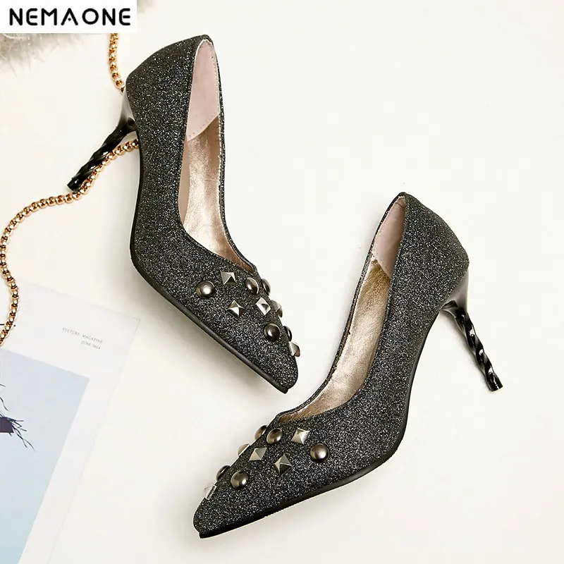 

NEMAONE New Women Pumps Summer Fashion Sexy Rivets Pointed Toe Wedding Party High Heeled Shoes Woman Zapatos Mujer