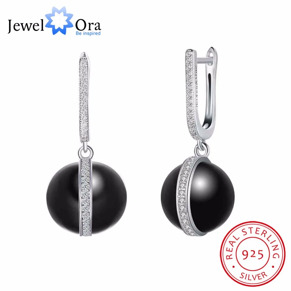

New Women 925 Sterling Silver Drop Earrings Black Ball Ceramic CZ Micro Insert Dangles Fashion Jewelry Gift Jewel Ora EA101976