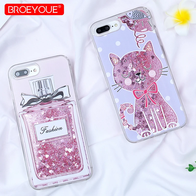 

BROEYOUE Phone Shell For iphone 8 6 Plus Glitter Liquid Bottle For iphone SE 5 5S 6 6S 7 Transparent Silicone TPU PC Bling Cover