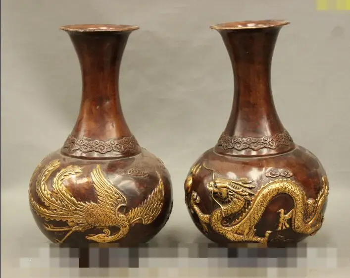 

S6855 11" China FengShui Bronze Gilt Flying Dragon Phoenix Statue Bottle Vase Pot Pair D0318