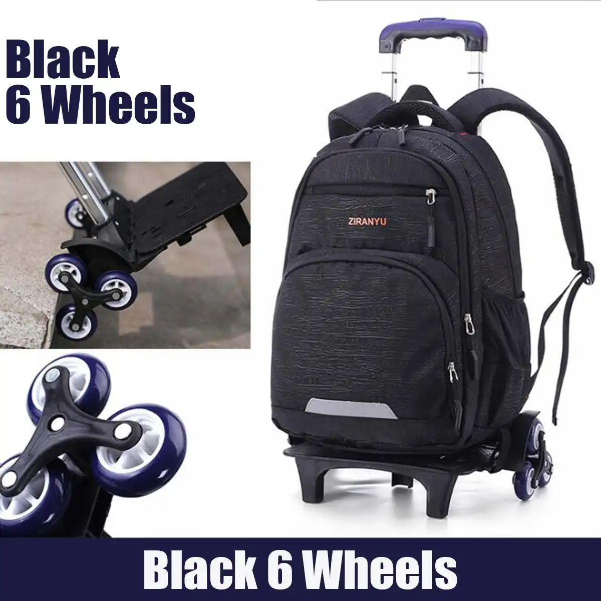 Nylon Removable Men travel Bags for Boys Waterproof Trolley Backpack Teenager 2/6 Wheeled Bag Bookbag Travel Bags Back to school - Color: Black 6 wheels