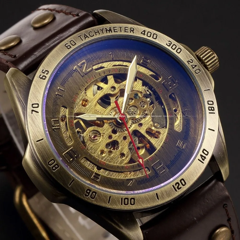 Luxury Brand Men s Retro Bronze Steampunk Skeleton Automatic font b Mechanical b font Relogio Leather