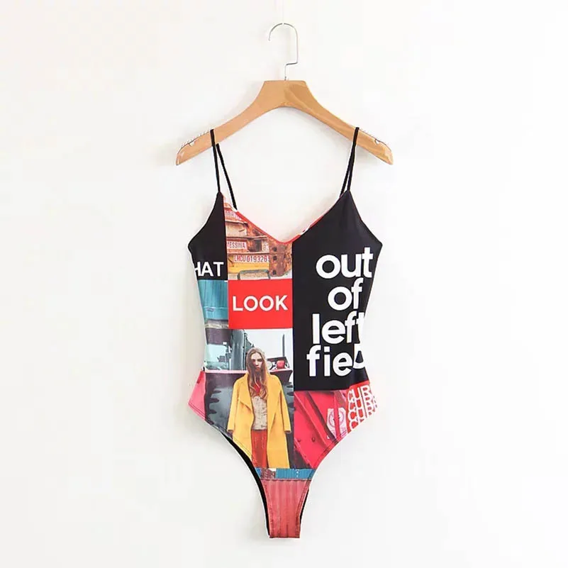 

NiceMix Sexy Colorful Character Photo Letter Print Deep V-Neck fit Romper Body Siamese Bodysuit Undershirt Women Sling Playsuits
