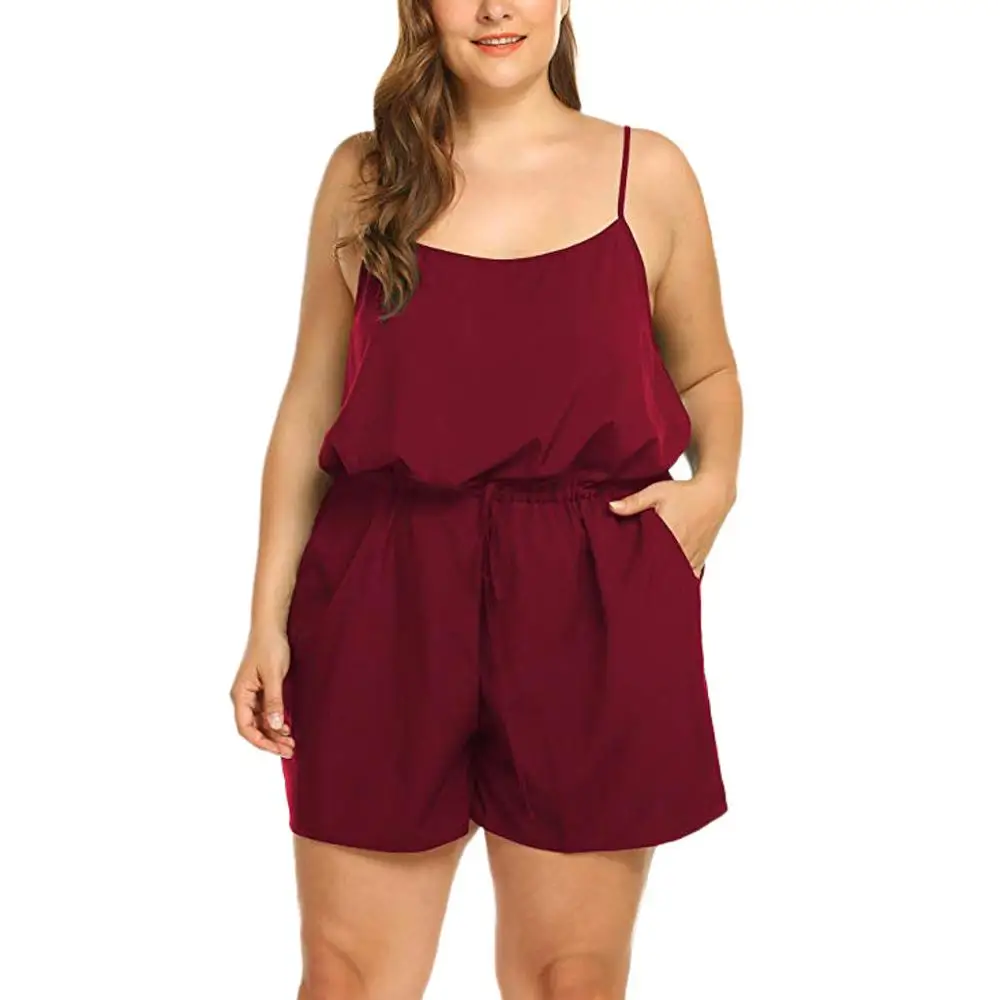 Women Summer Sleeveless V-Neck Spaghetti straps Rompers summer Solid color High Waist Jumpsuits Rompers Plus Size 5XL ED - Color: Red