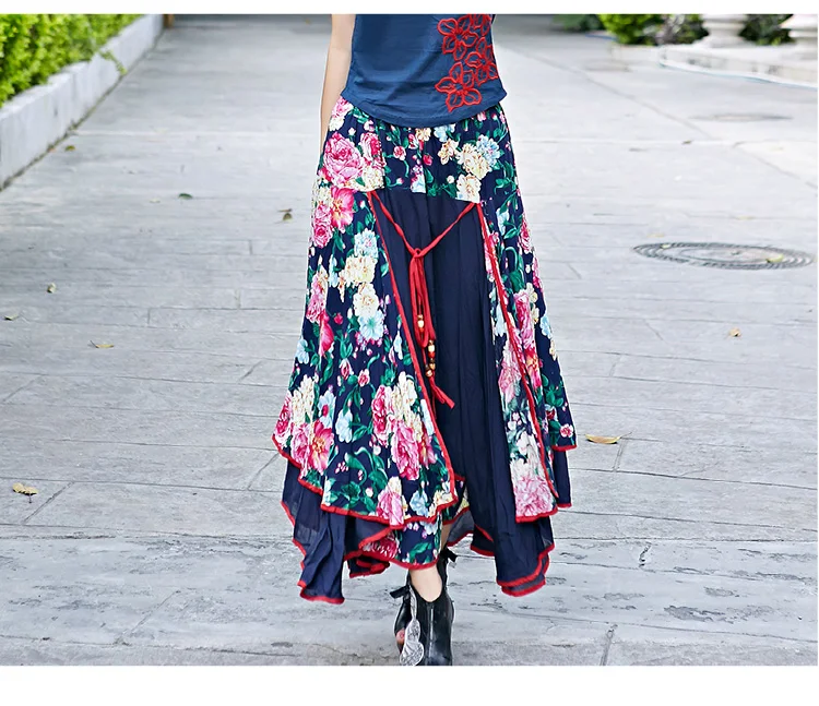 

women bohemian skirt 2019 female autumn spring Mexico style original ethnic long print patchwork asymmetric skirt