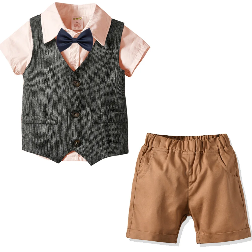 

Kids Boys 4pcs Suits for Birthday Children Cotton Clothes Baby Boys Blue Tie Pink Shirt and Vest and Short Set Kids Uniform Set